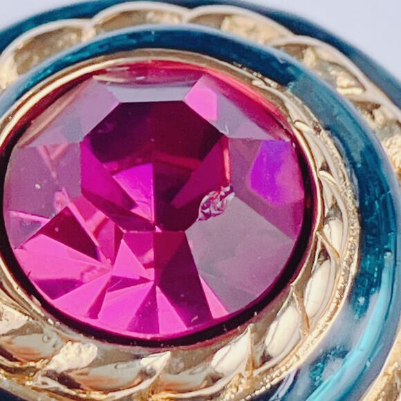 VTG Signed Swarovski Crystal Dome Stud Earrings 80s 90s Teal Enamel Fuchsia - Picture 6 of 14